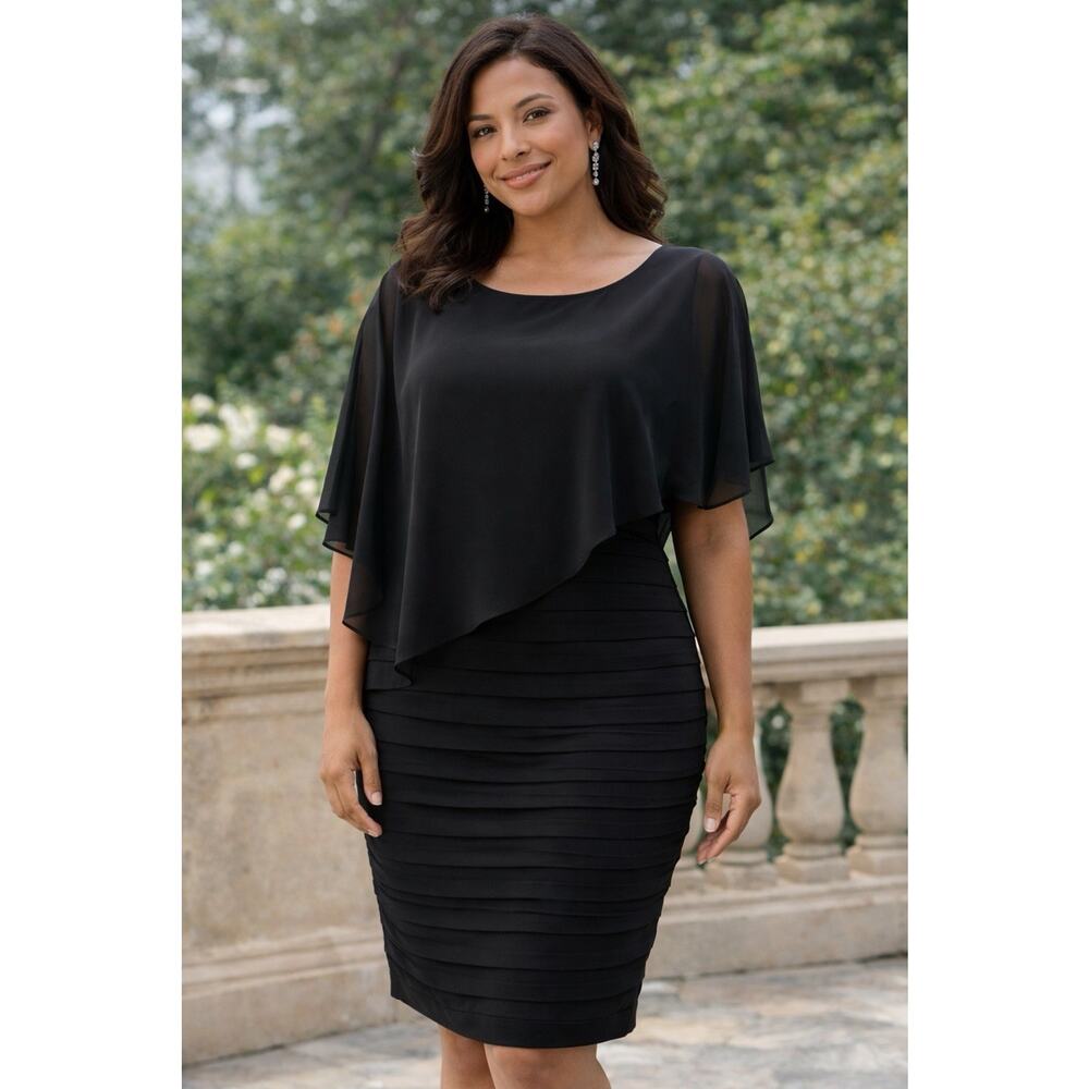 Betsy & Adam Black Cocktail Dress Chiffon Overlay Ruched Bodycon Size 12 NWT